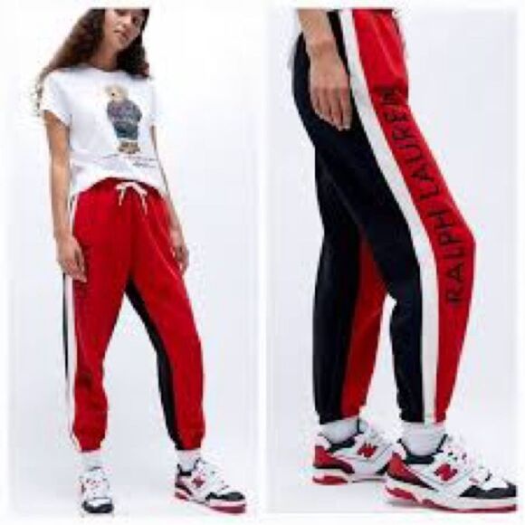 POLO Ralph Lauren XL Jogger Unisex Colorblock Black / Red Sweatpants - Picture 1 of 14
